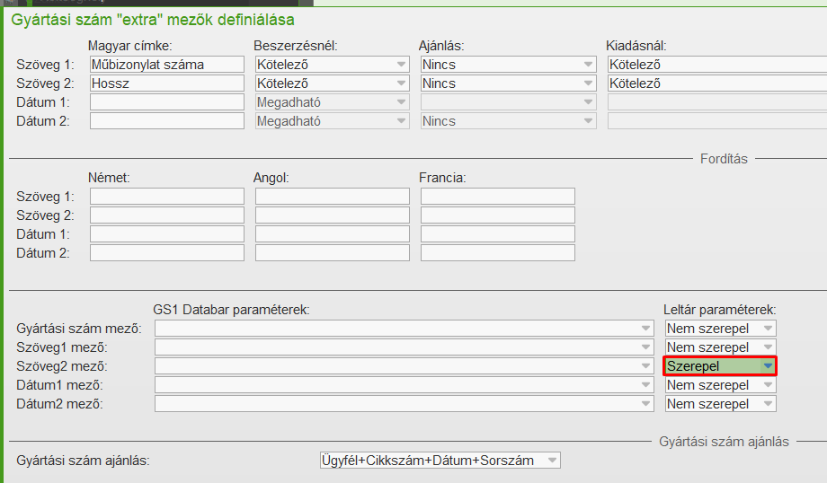 Gyártási szám paraméterek