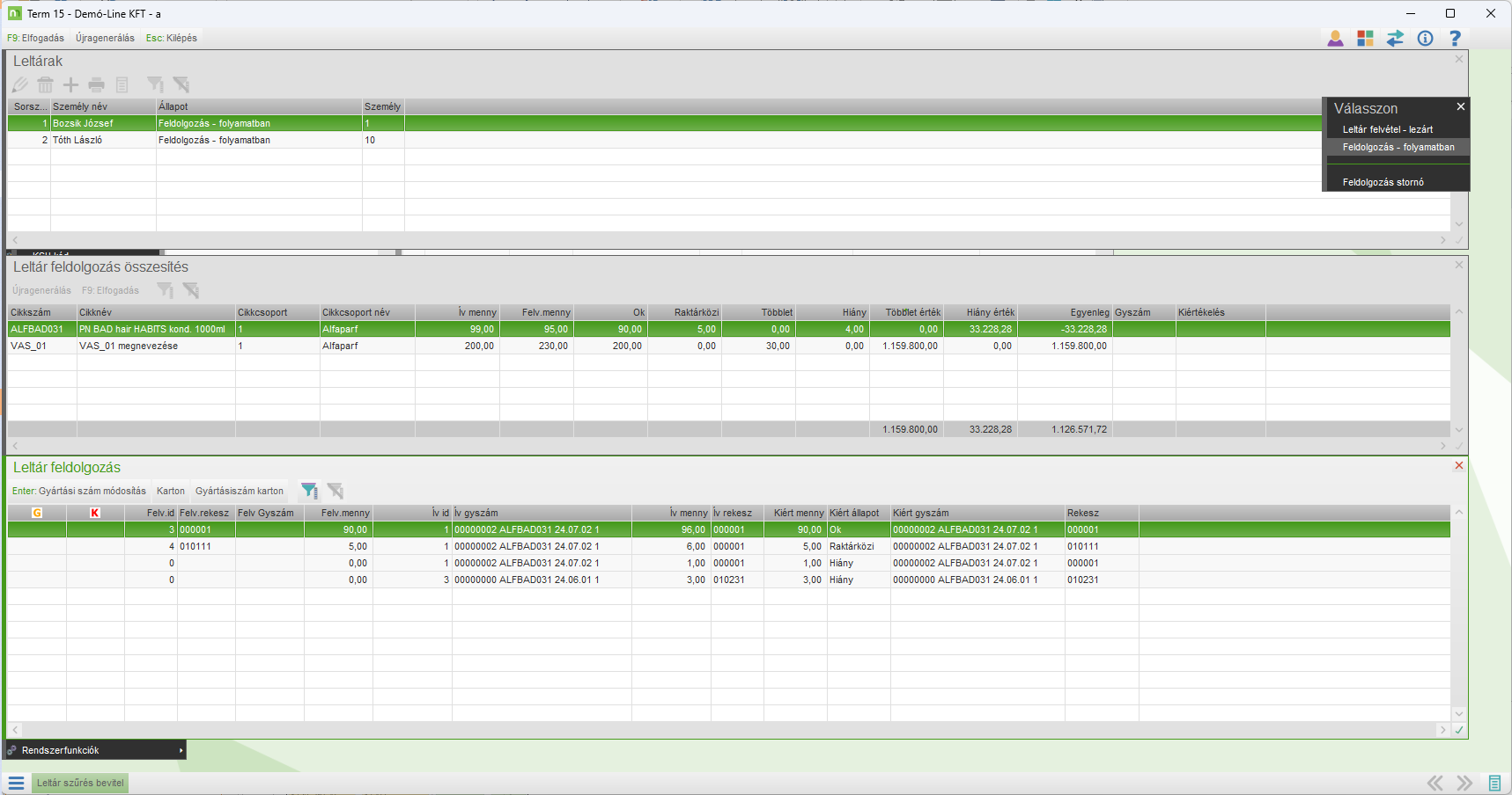 Leltár feldolgozó képernyő Leltár feldolgozó képernyő