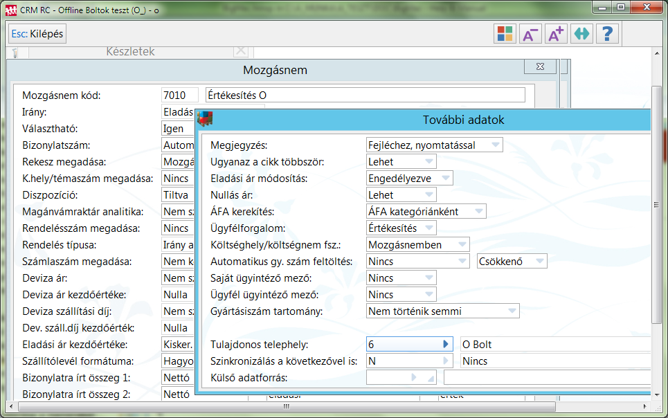 Eladás mozgásnem felvétele és telephellyel összekapcsolása