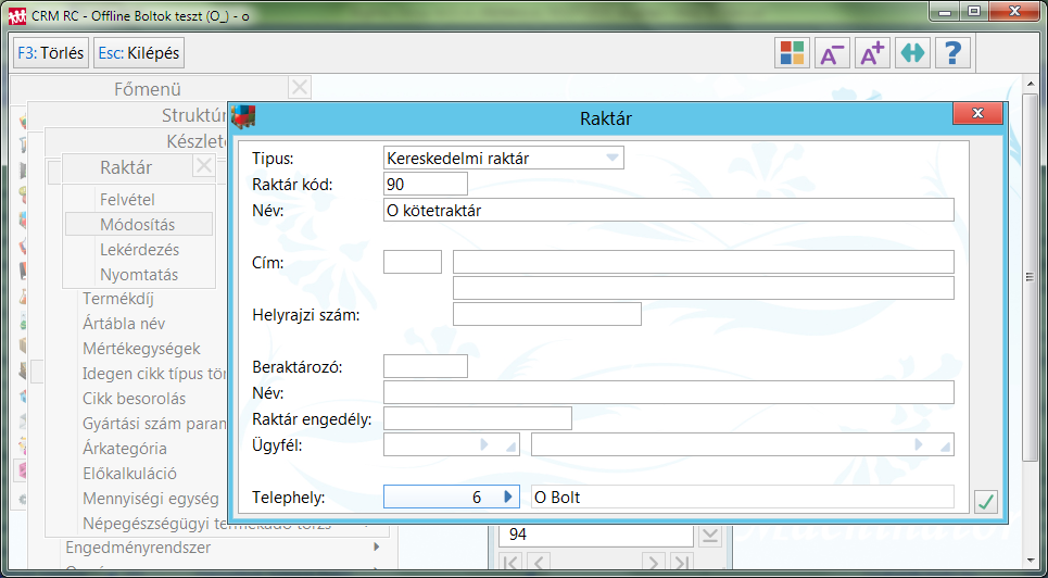 Raktártörzsben a telephely megadása