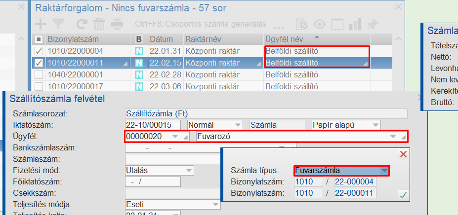 Iktatott számla beállításai