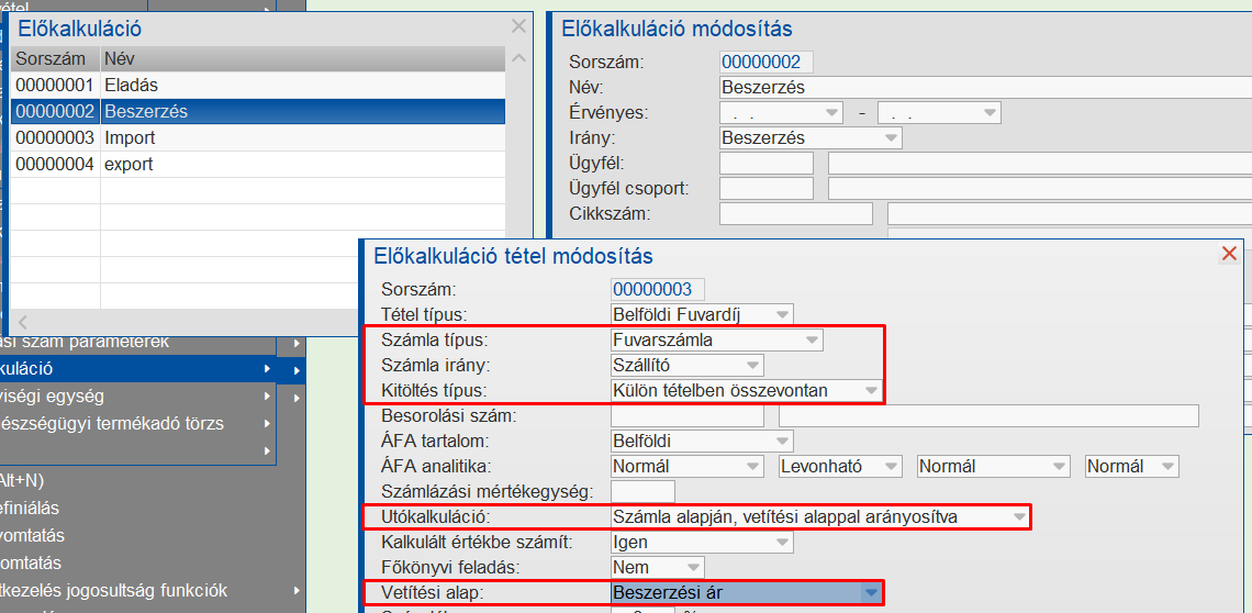 Előkalkuláció beálllítása
