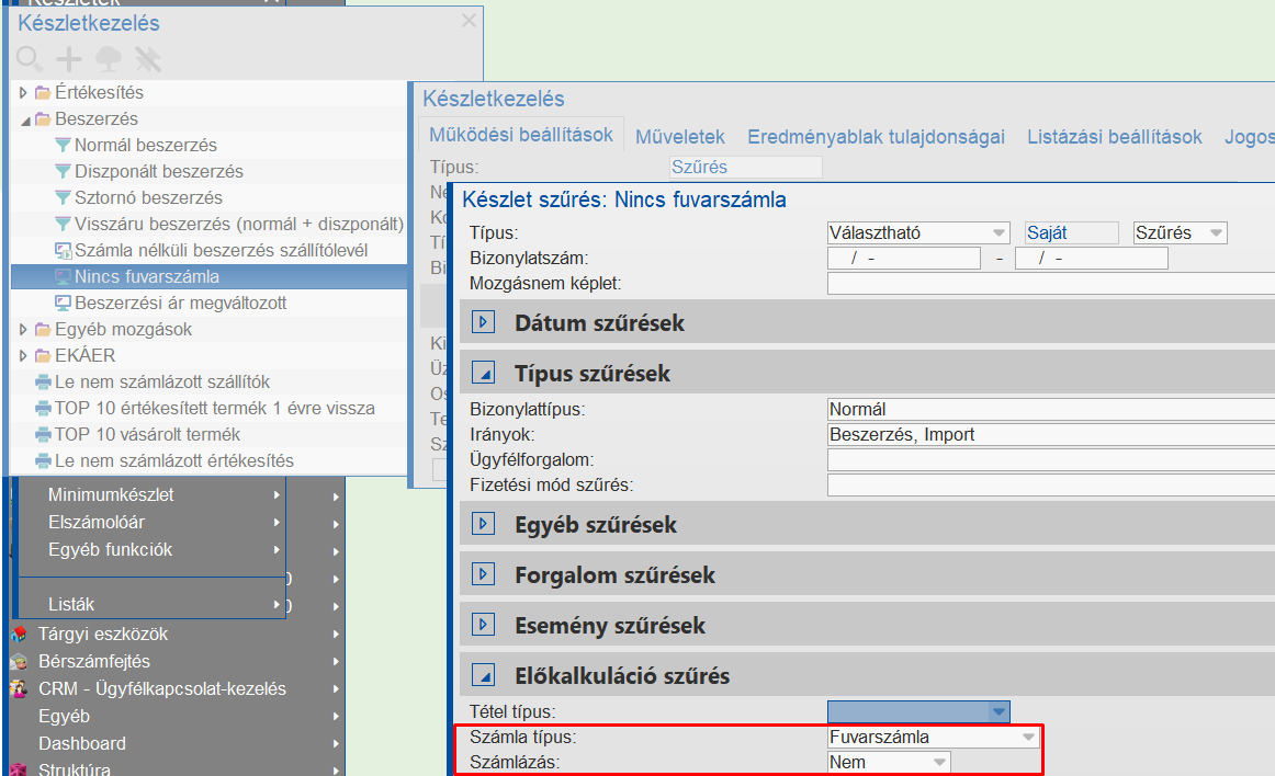 Fuvarszámla nélküli szállítólevelek szűrési feltételei