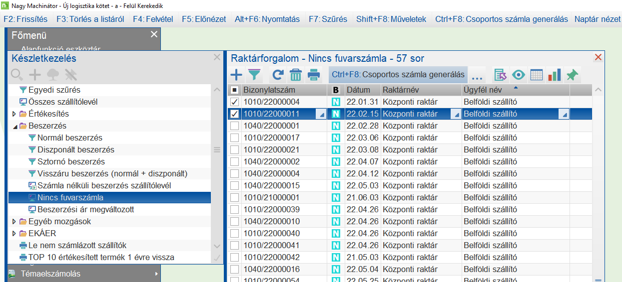 Fuvarszámlát nem kapott beszerzések lekérdezése