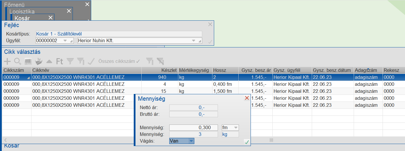 Vágás művelet elindítása