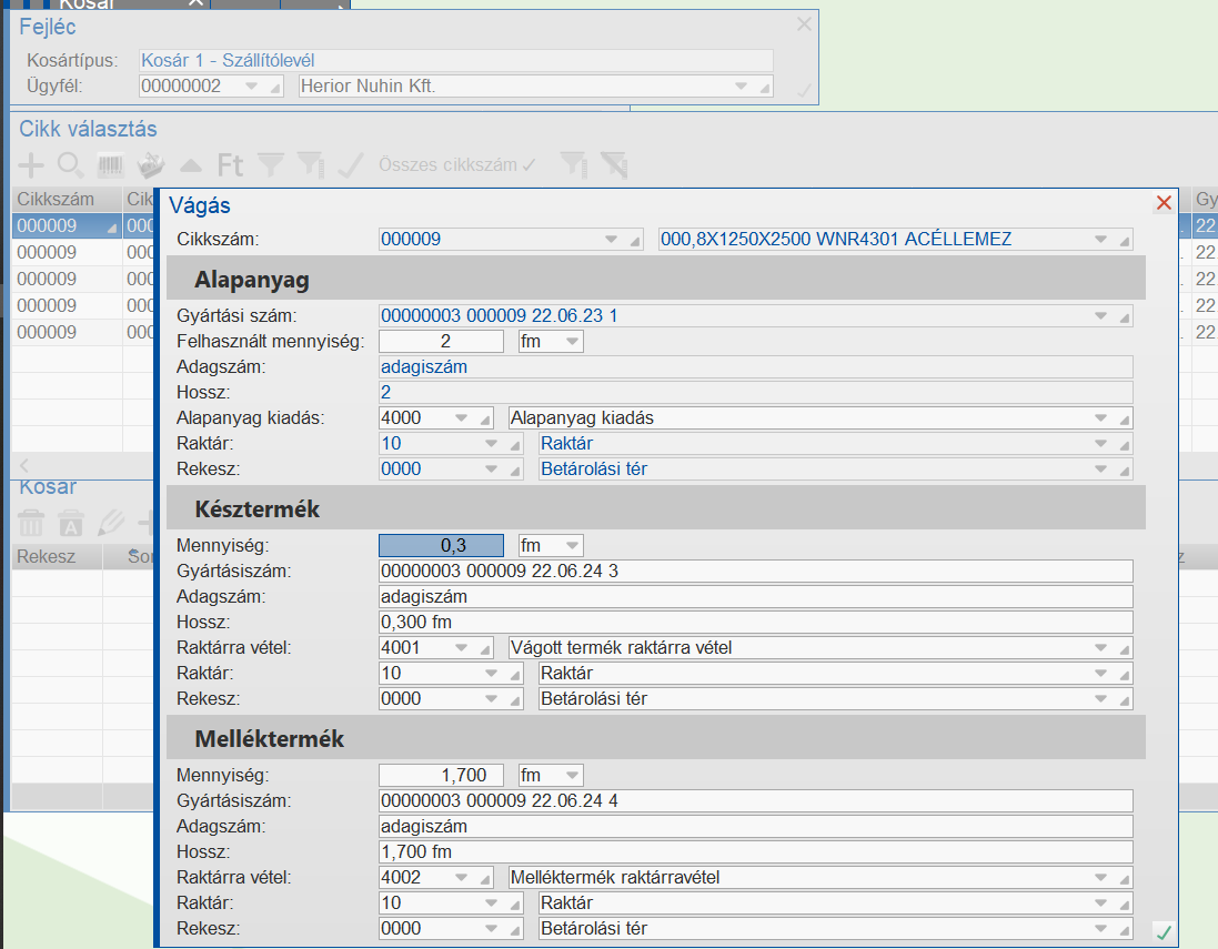 Vágásművelet párbeszédablaka