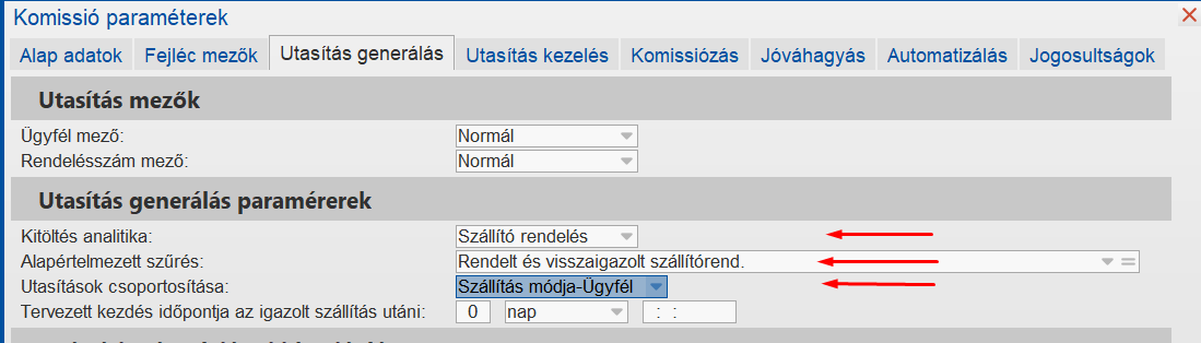 Komissiósorozat beállítások