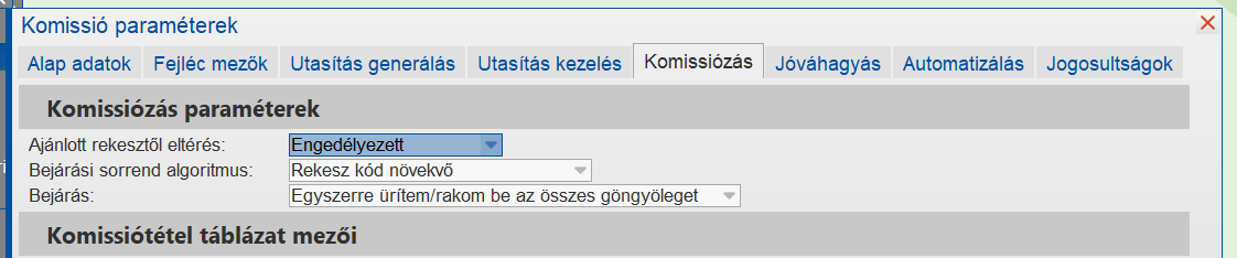 Komissiózás paraméterek