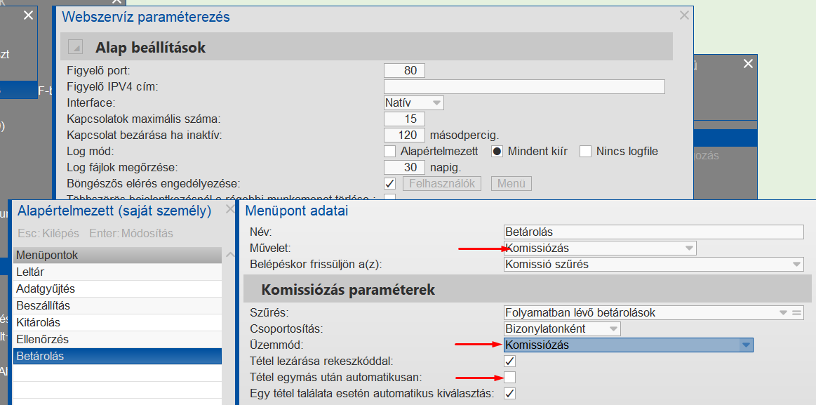 Betárolás mobilművelet paraméterezése