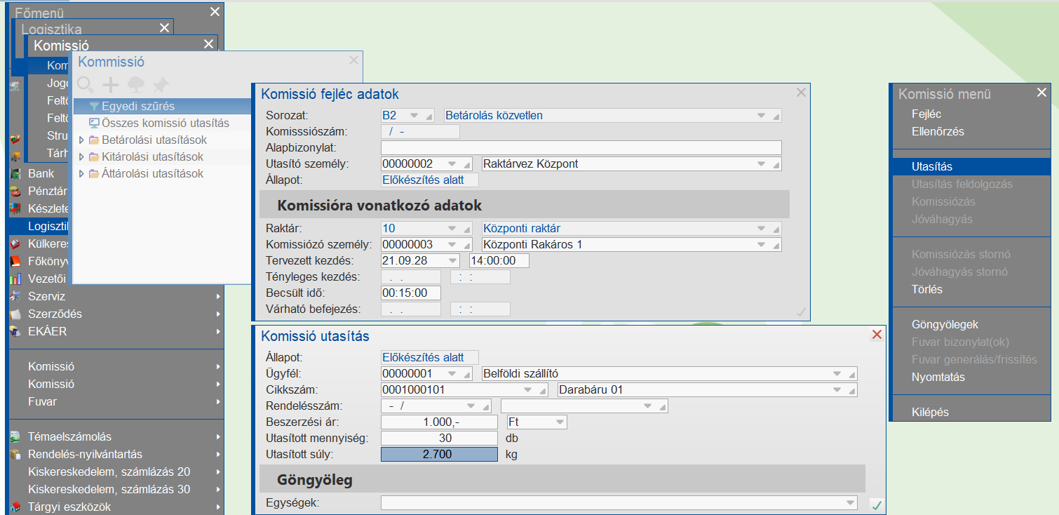 Betárolási utasítás kézi felvétel