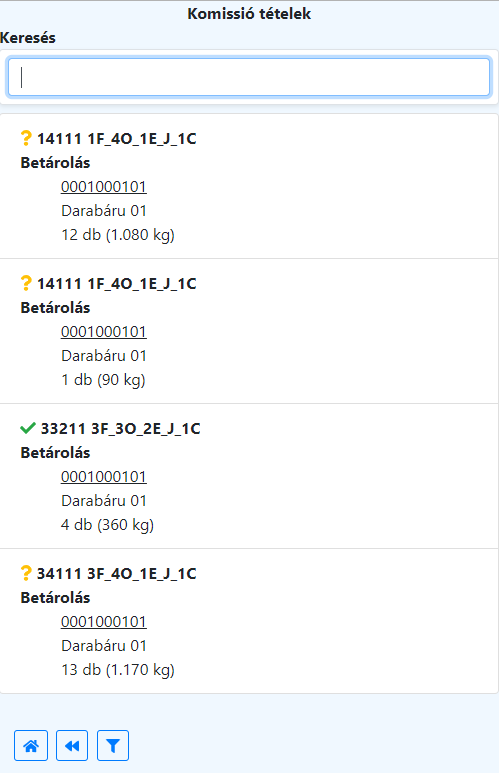 Komissiózott tételek lekérdezése