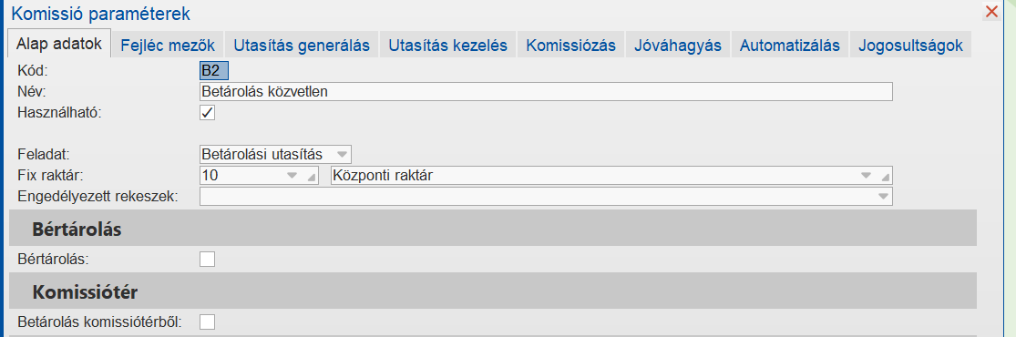 Közvetlen betárolás esetén a paraméterezés