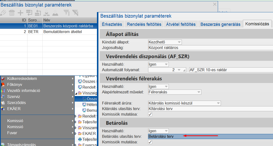 Beszállítási bizonylatban a paraméterezés