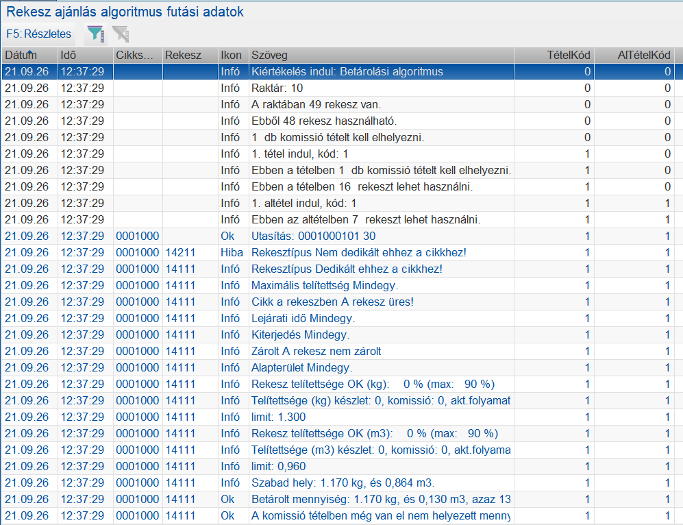 Rekeszajánlás futási adatok