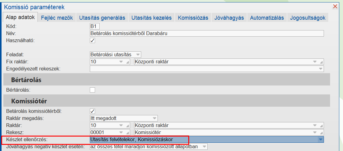 Készlet ellenőrzés beállítása