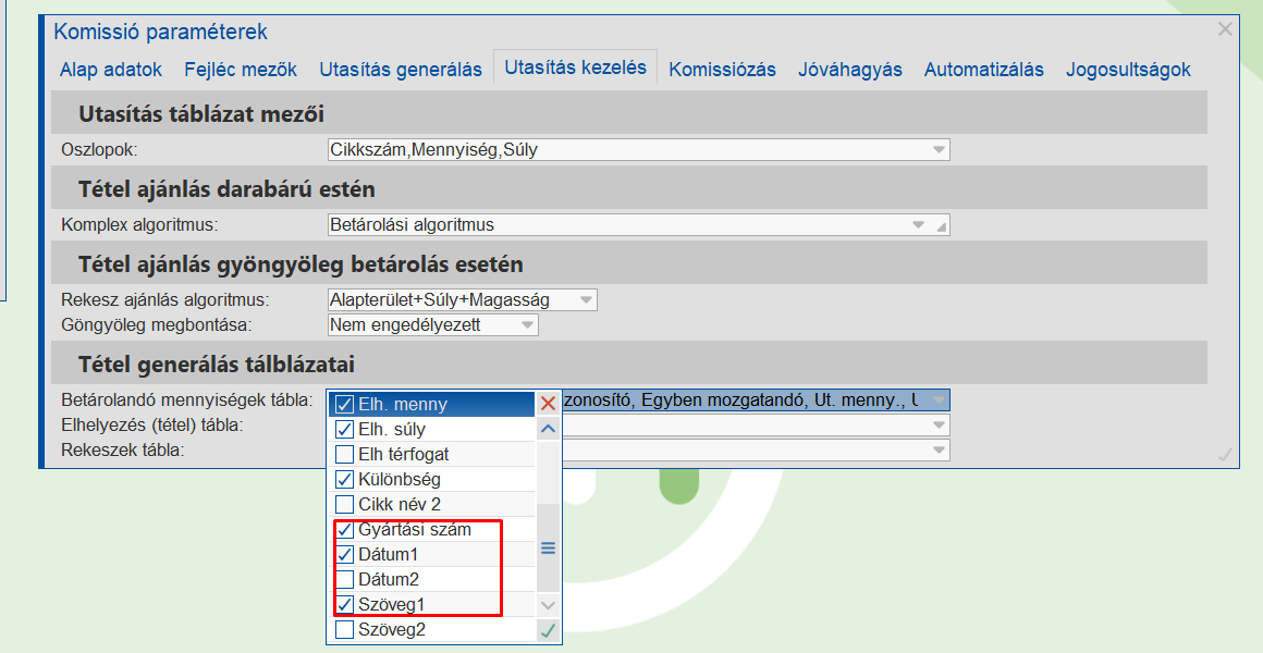 Utasításkezelésben a gyártási számok aktiválása