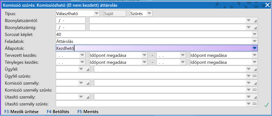 Komissió szűrés beállításai
