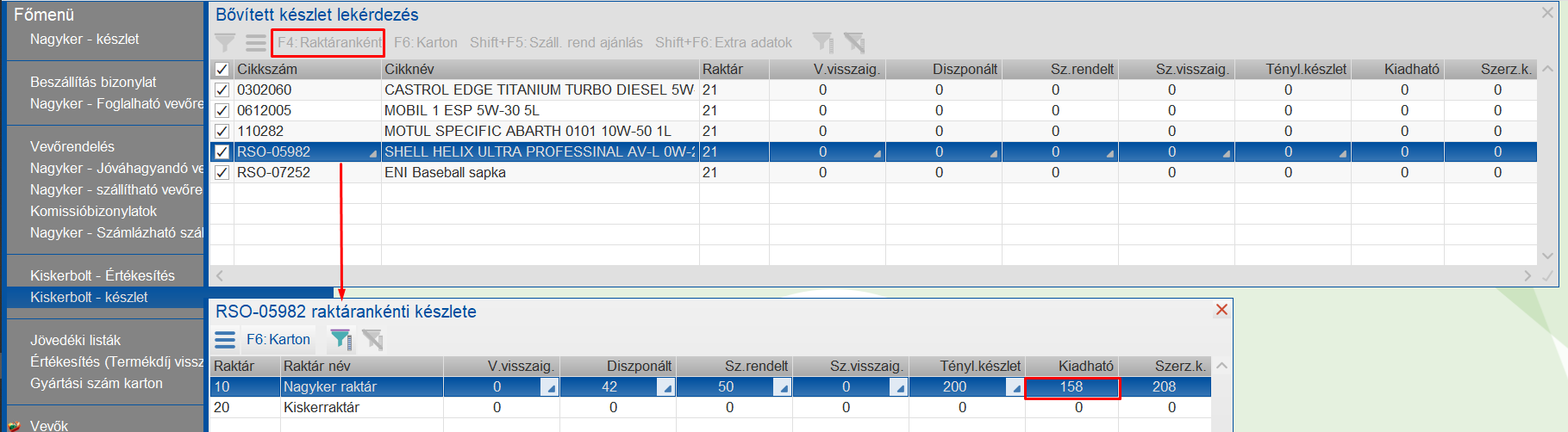 Kiskerbolt készletének lekérdezése