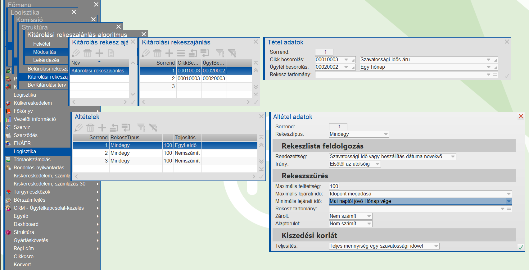 Az egy hónap szavatossági időt teljesítő paraméterezés