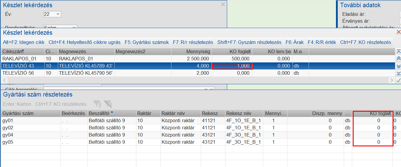 Készletlekérdezés, gyártási szám nincs foglalva.