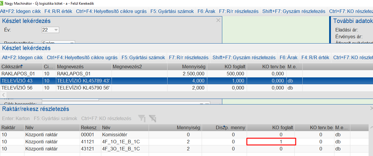 Készletlekérdezés, rekesz-szintű foglalás