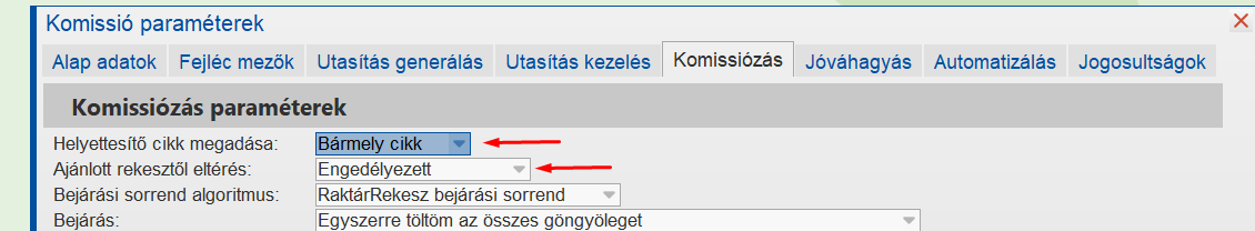 Komissió paraméterek