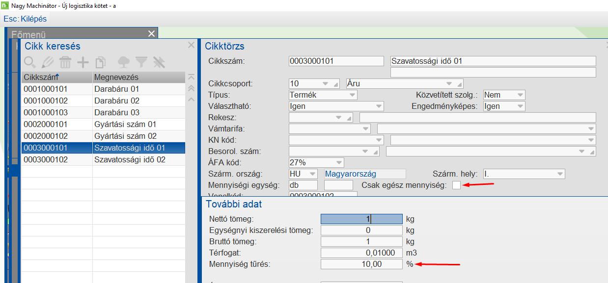 Tűrés megadásaa cikktörzsben
