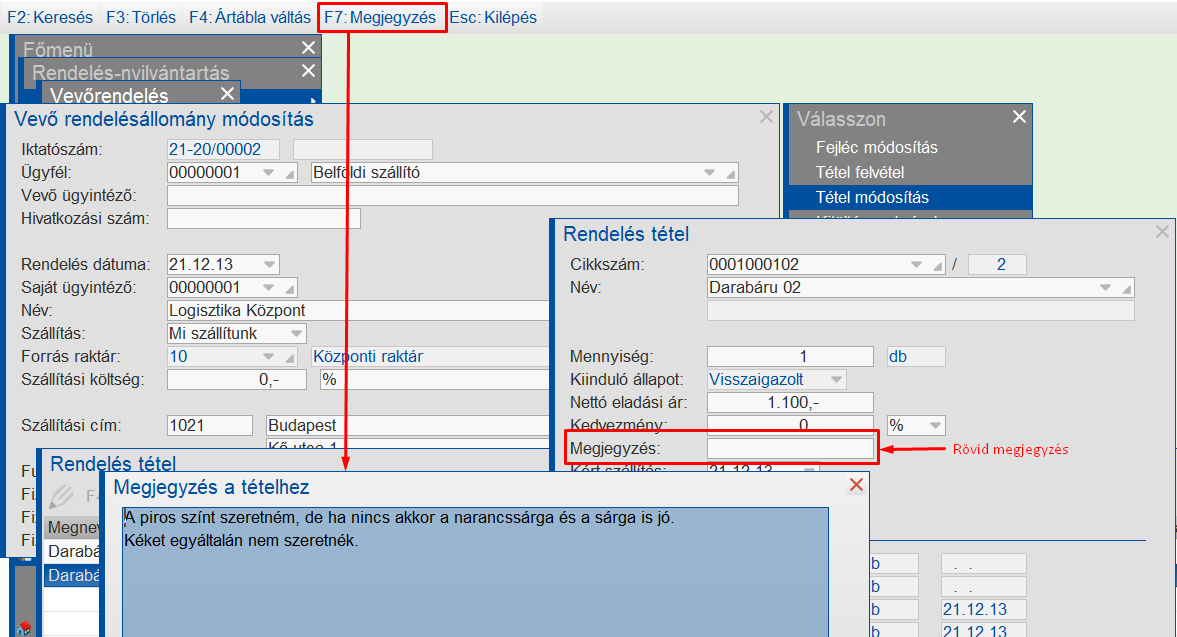 Tételmegjegyzés megadása