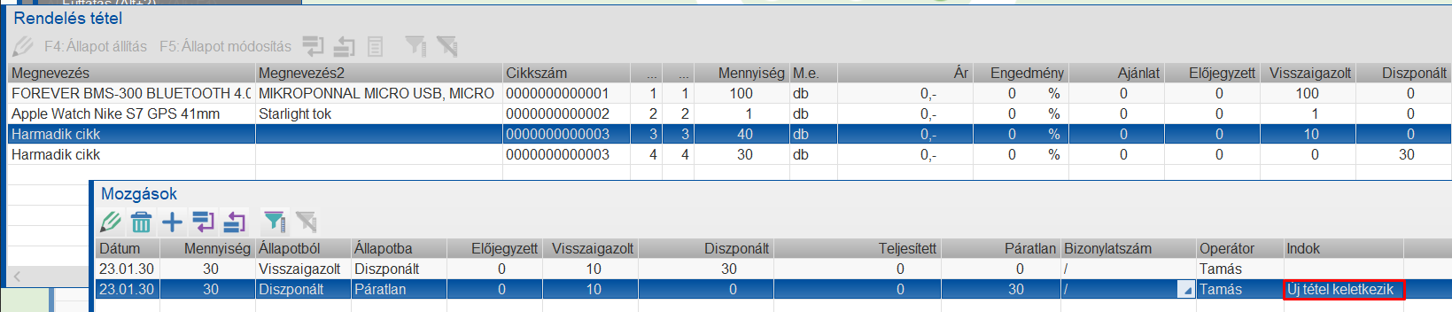 Eredeti tétel állapotváltozása
