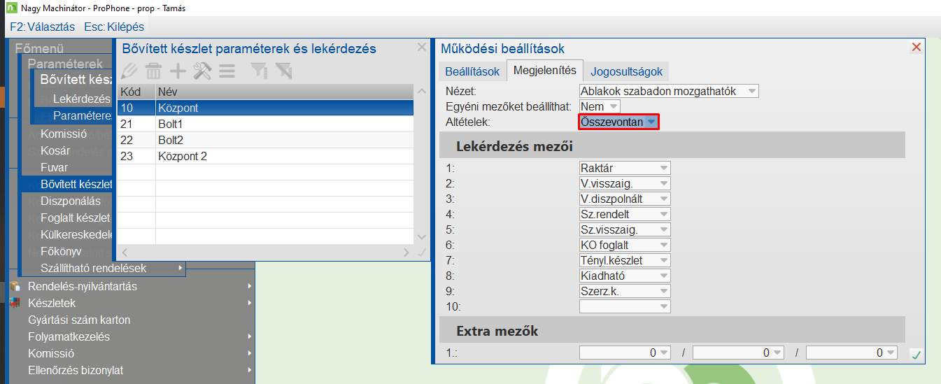 Bővített készlet paraméterezése