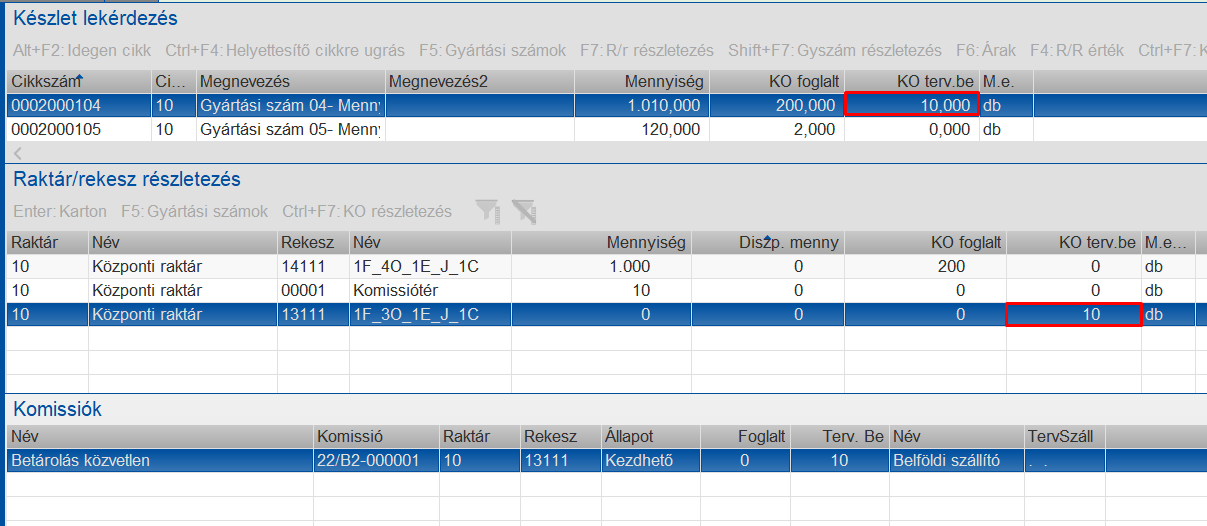 Közvetlen betárolás alatti áru
