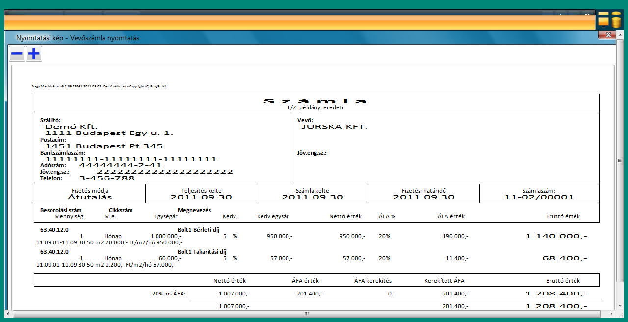 A modul által generált számla