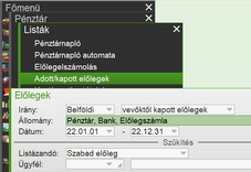 Adott/kapott előleg lista