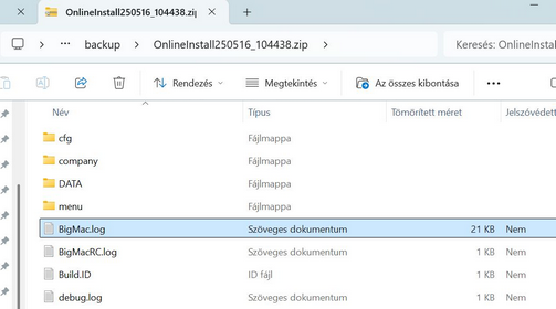 Onlineinstall mentés tartalma