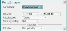 Pénztárnapló párbeszéd ablak