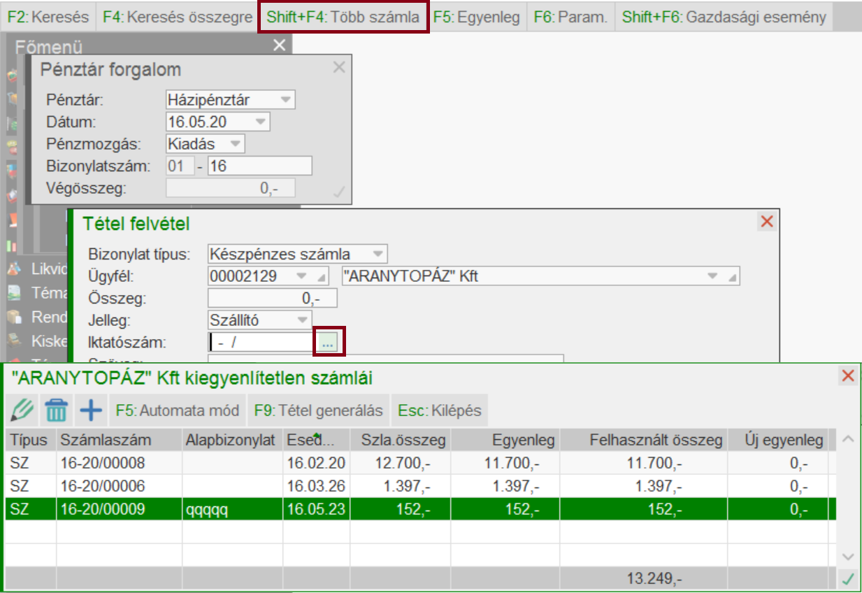 Pénztárből több számla kiegyenlítése