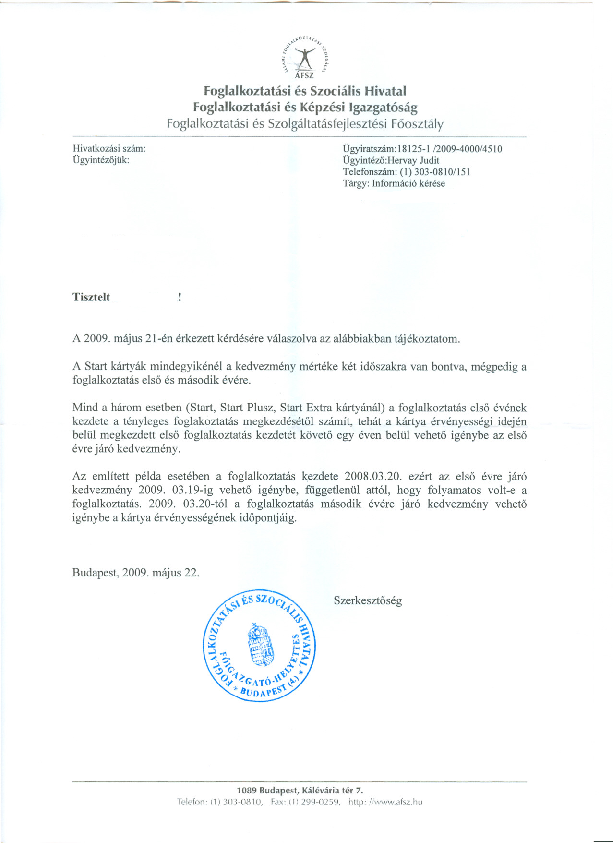 Foglalkoztatási és Szociális hivatal állásfoglalása