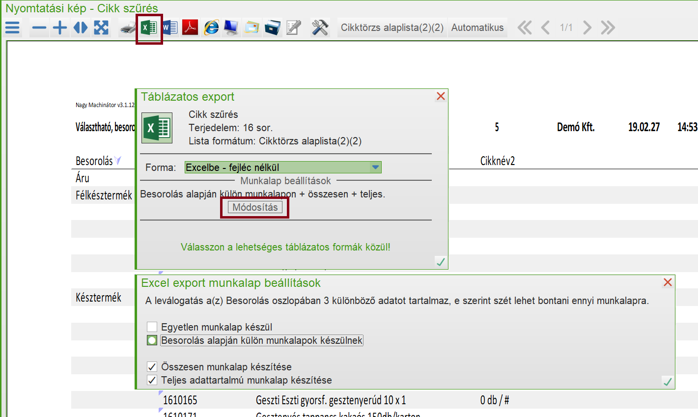 Munkalap beállítások ablak