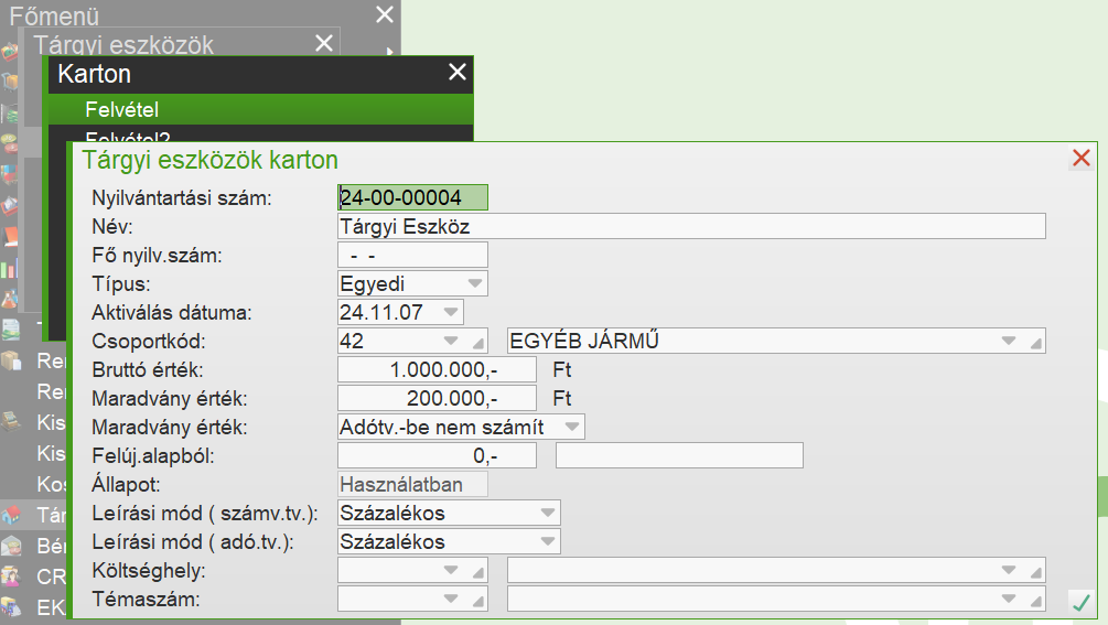 Tárgyi eszköz fejléc