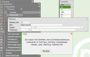 Figyelmeztetés a nem törölhető törzsadatoknál
