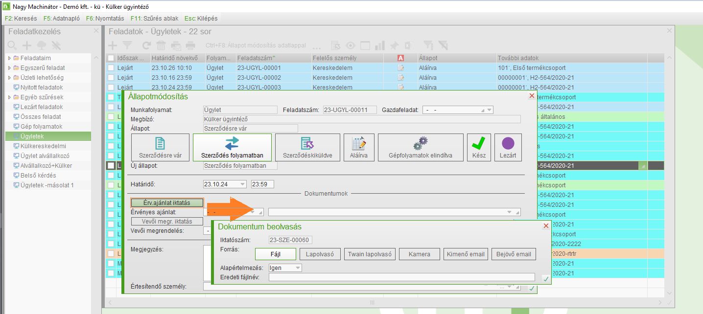 Feladatkezelésbe integrált dokumentum iktatás
