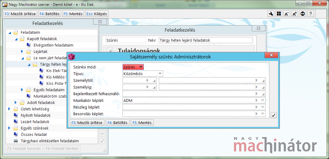 Adminisztráció szűrés felvétele