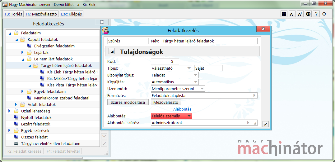 Felelős személy szerinti alábontás megadása