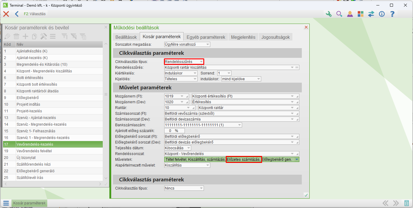 Előzetes számlázás művelet aktiválása