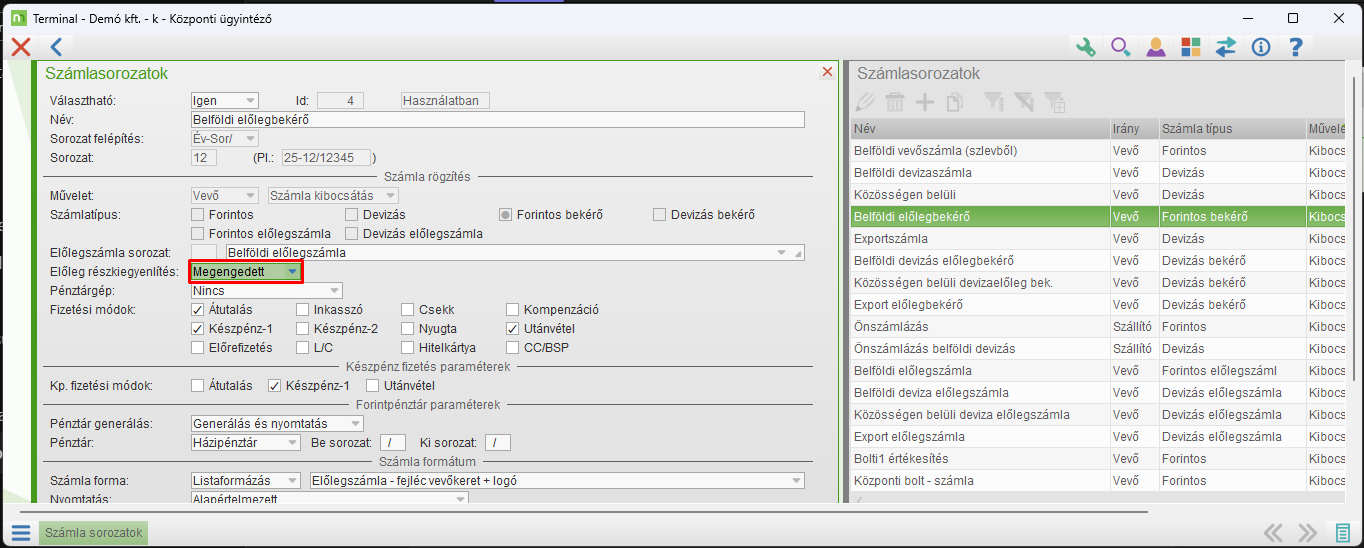 Előlegbekérőben a rész kiegyenlítés engedélyezése
