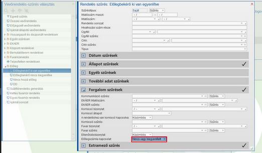 Vevőrendelés szűrés