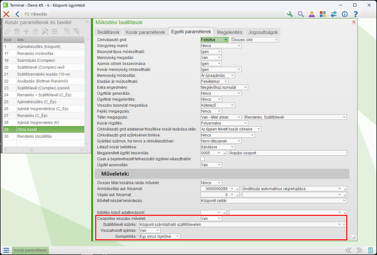 Kosárparaméterek - csoportos visszáru