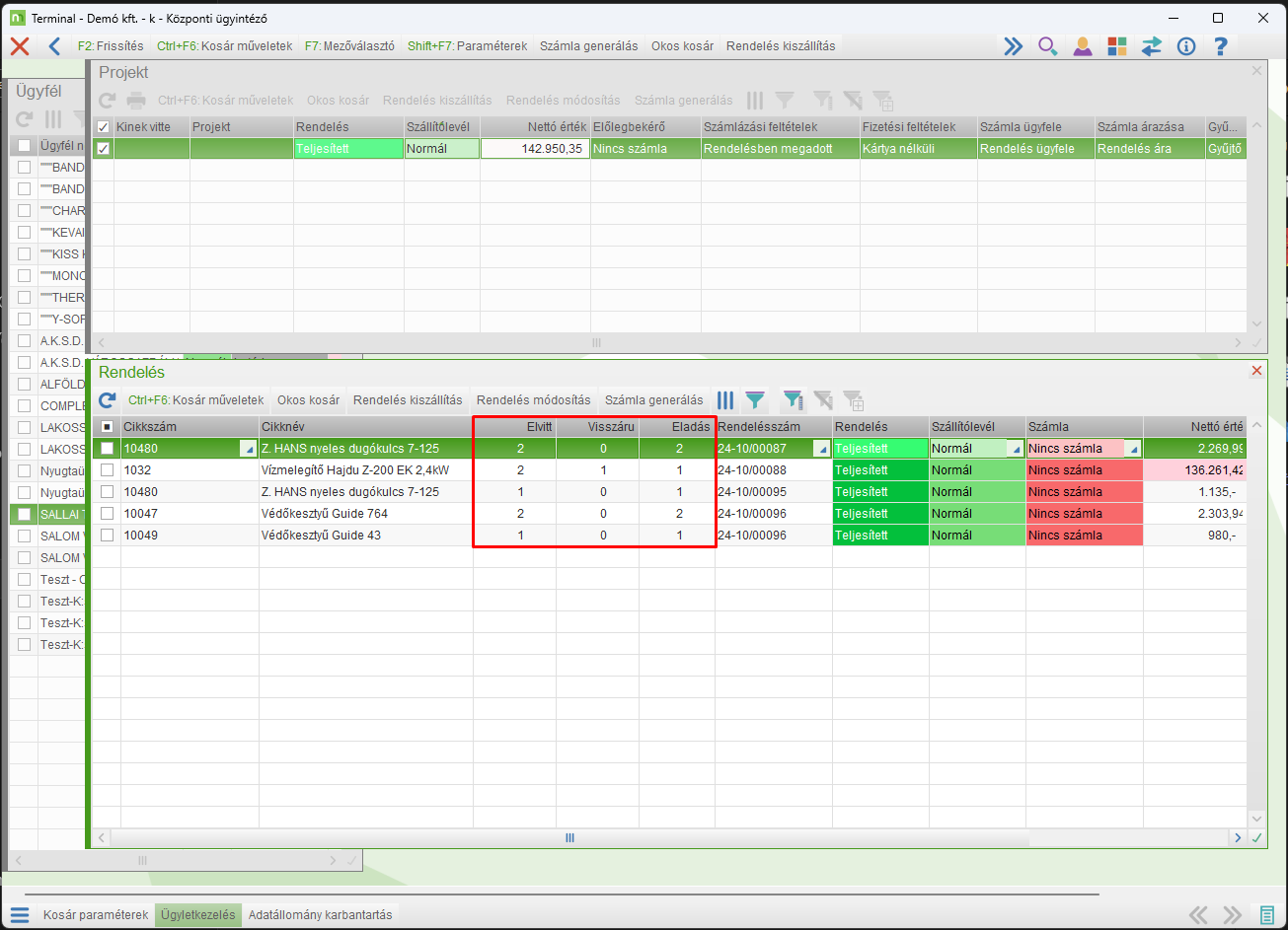 Visszáru megjelenítése az ügylet-kezelésben
