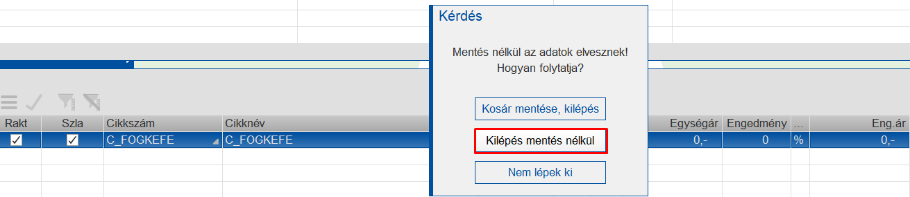 Kosárból való kilépés párbeszédablaka