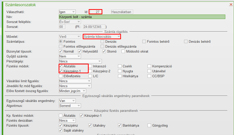 Számlasorozat megadása